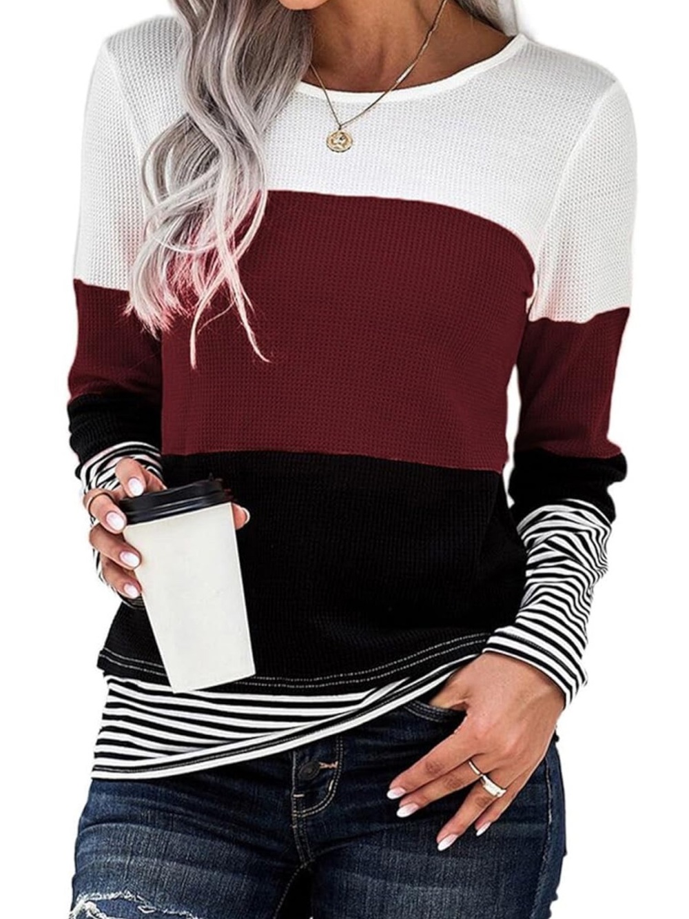 Colorblock Long Sleeve Knit Top - White, Burgundy & Black